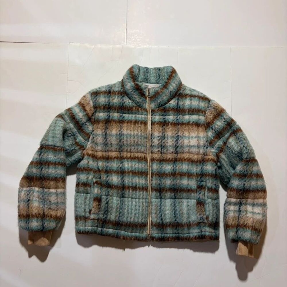 Anthropologie Blue and Brown fuzzy wool blend jacket coat size large